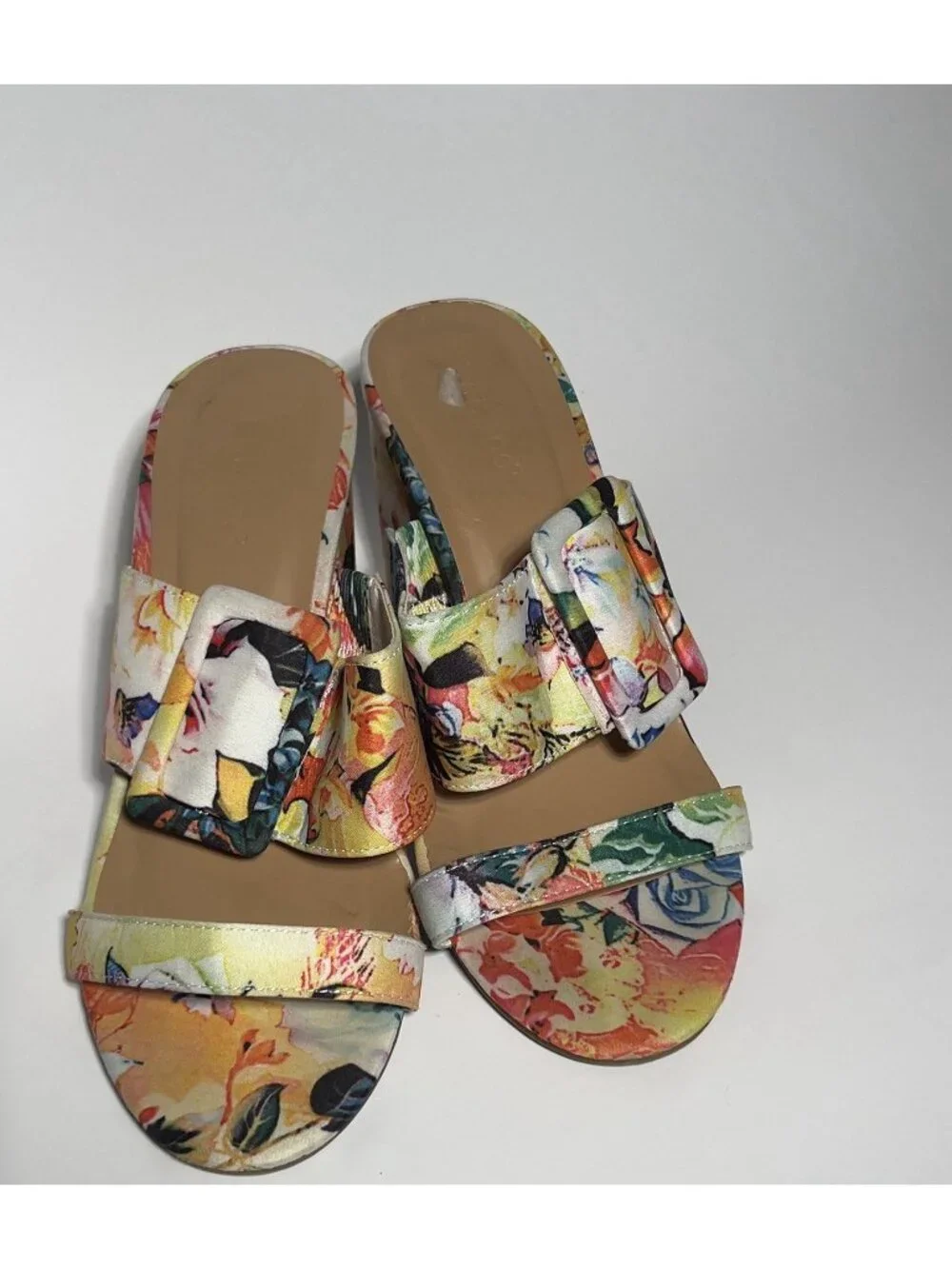 Bamboo Floral Print Buckle Slide Sandals Women’s 7.5 Block Heel Multicolor